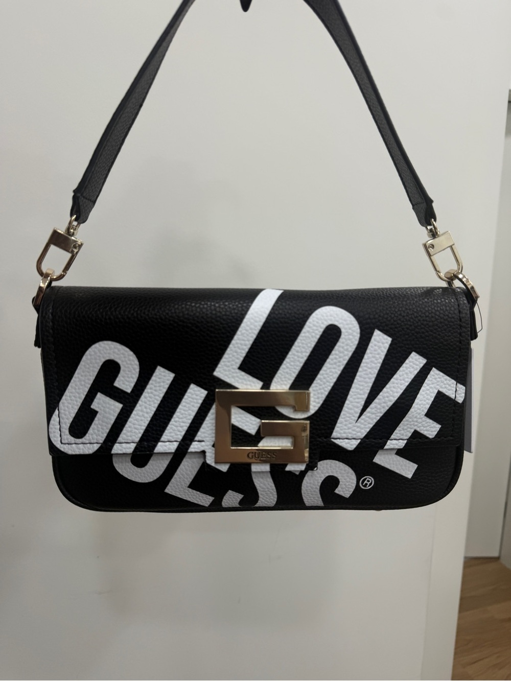 Guess Black Shoulder Bag with White 'LOVE' Logo and Gold Hardware